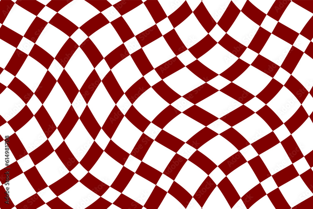 Maroon and white checkered flag texture background vector. Wavy tartan plaid fabric pattern. Abstract geometric shapes. Wave stripes ethnic pattern.