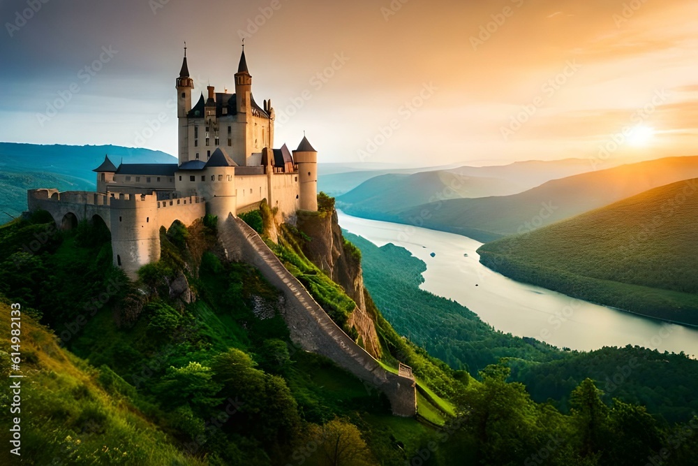 A majestic castle perched on a hilltop, surrounded by lush greenery and a winding river.