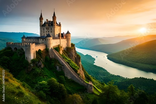 A majestic castle perched on a hilltop, surrounded by lush greenery and a winding river.