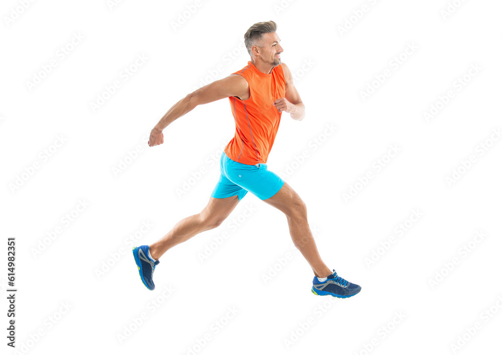 sport runner crossed the finish line after completing a marathon. jumping runner sprinted with incredible speed. sport competition. runner at a long sport run. runner run isolated on white studio