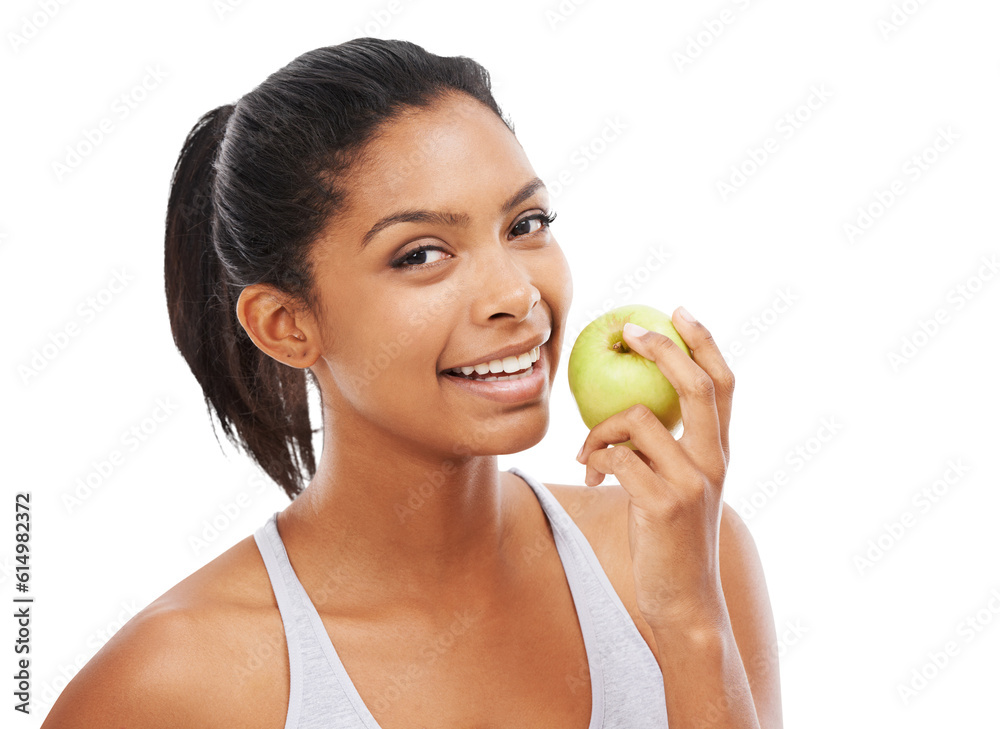 Isolated woman, apple and smile in portrait for nutrition, self care or hungry by transparent png background. Girl, model and happy with healthy fruit, natural diet or choice for vegan to lose weight Isolated woman, apple and smile in portrait for nutrition, self care or hungry by transparent png background. Girl, model and happy with healthy fruit, natural diet or choice for vegan to lose weight