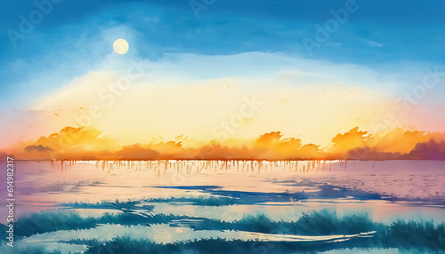 Abstract drawing of landscape with lake at sunset