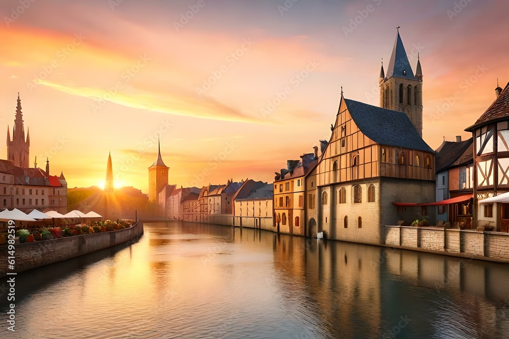 A medieval cityscape with narrow cobblestone streets, colorful buildings, and towering medieval walls.