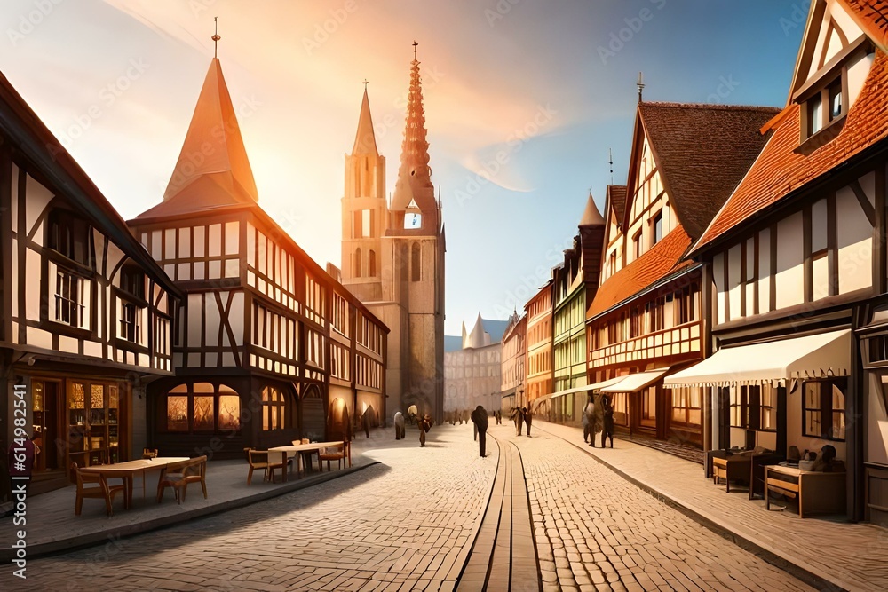 A medieval cityscape with narrow cobblestone streets, colorful buildings, and towering medieval walls.
