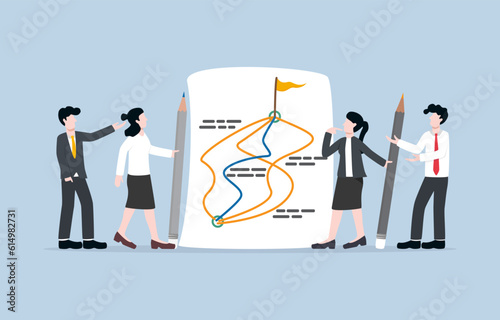 Group discussion to find solution to achieve goal, brainstorming and decision making, team planning concept, Business teammates considering best path for success on chart paper. 