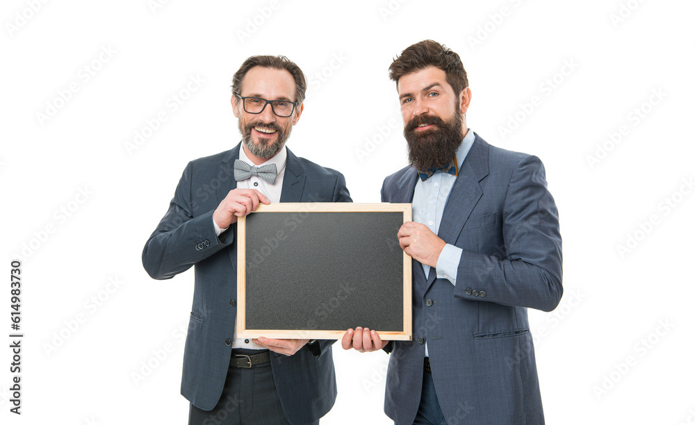 welcome on board. businessmen in suit, copy space. announcement. party invitation. partners celebrate start up business isolated on white. bearded men hold advertisement blackboard. happy businessmen welcome on board. businessmen in suit, copy space. announcement. party invitation. partners celebrate start up business isolated on white. bearded men hold advertisement blackboard. happy businessmen