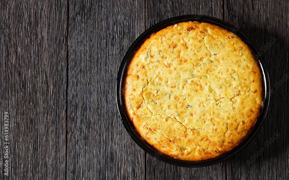 Chicken Tamale Pie in baking dish, top view Chicken Tamale Pie in baking dish, top view