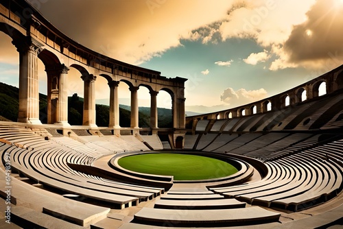 An ancient Roman amphitheater, filled with history, with rows of weathered stone seats and a panoramic view of the surrounding landscape.