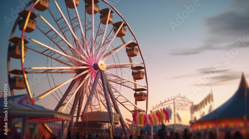 Ferris wheel at a bright fair in the evening. Generative AI
