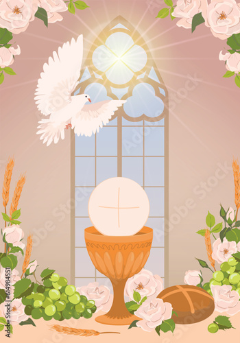 Decorated altar in the church. Elements for the first communion - bread, holy cup, wine. The presence of the holy spirit in the temple in the form of a white radiant dove. Greeting card design.
