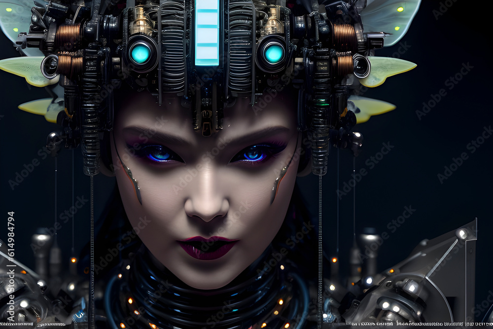 Close-up fantasy biopunk portrait of a woman with electrical wires on her head. Generative AI Close-up fantasy biopunk portrait of a woman with electrical wires on her head. Generative AI
