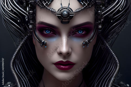 Elegant female biopunk portrait with electrical wires on her head with glamorous makeup looks at the camera on a dark background. Generative AI