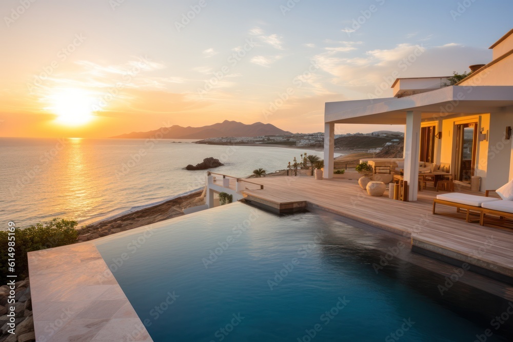 Fototapeta premium Stunning beach house offering panoramic sea views, swimming pool, terrace, unforgettable vacation. Generative AI