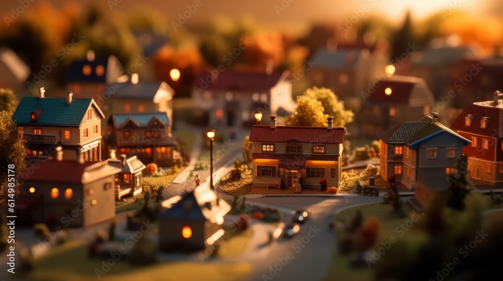 Miniature city at sunset. Generative AI Miniature city at sunset. Generative AI