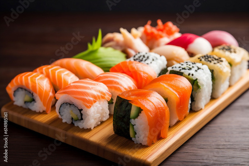 meal roll food japanese set sushi rice seafood fish japan. Generative AI.