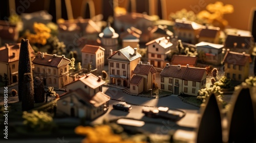 Miniature city at sunset. Generative AI