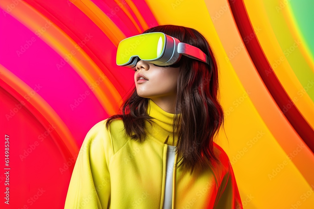 beautiful asian woman wearing virtual reality goggles.Generative Ai beautiful asian woman wearing virtual reality goggles.Generative Ai