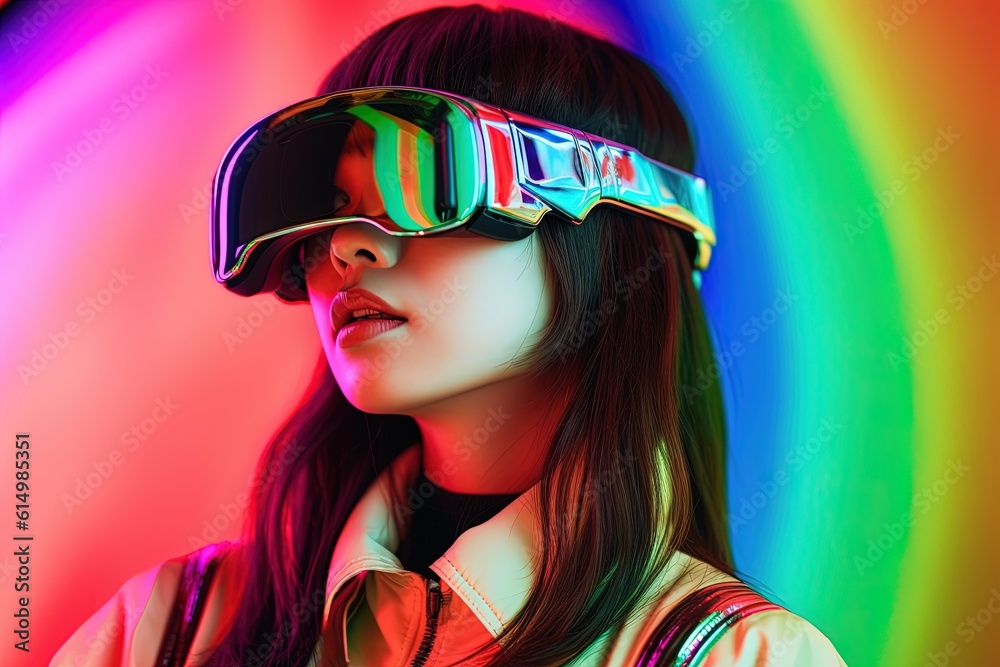 beautiful asian woman wearing virtual reality goggles.Generative Ai