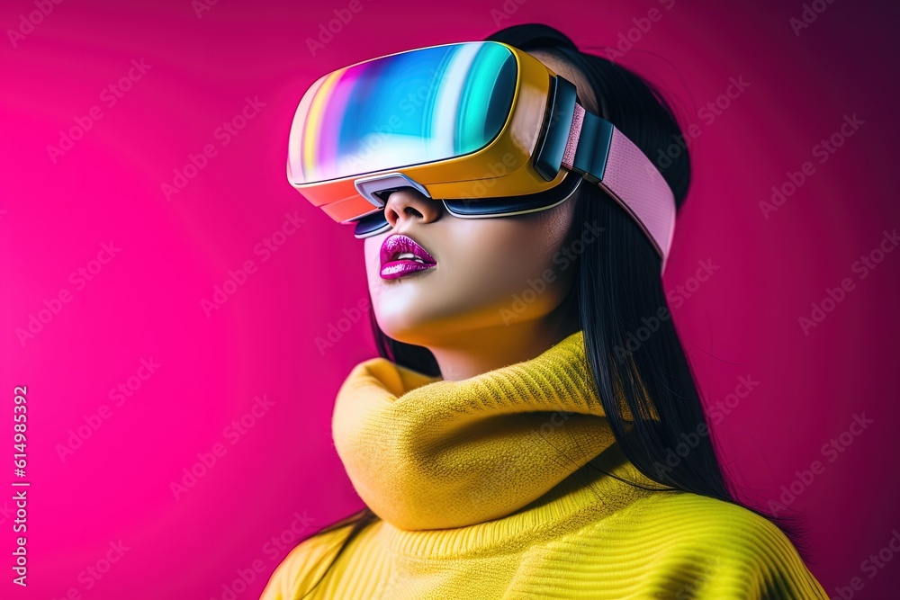 beautiful asian woman wearing virtual reality goggles.Generative Ai beautiful asian woman wearing virtual reality goggles.Generative Ai