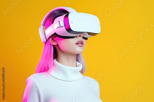 beautiful asian woman wearing virtual reality goggles.Generative Ai