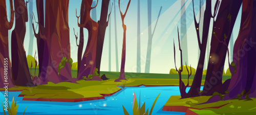 River flowing in summer forest. Vector cartoon illustration of sunny spring weather, green landscape with trees, blue sky with sun beam, stream or brook in valley, beautiful nature scene
