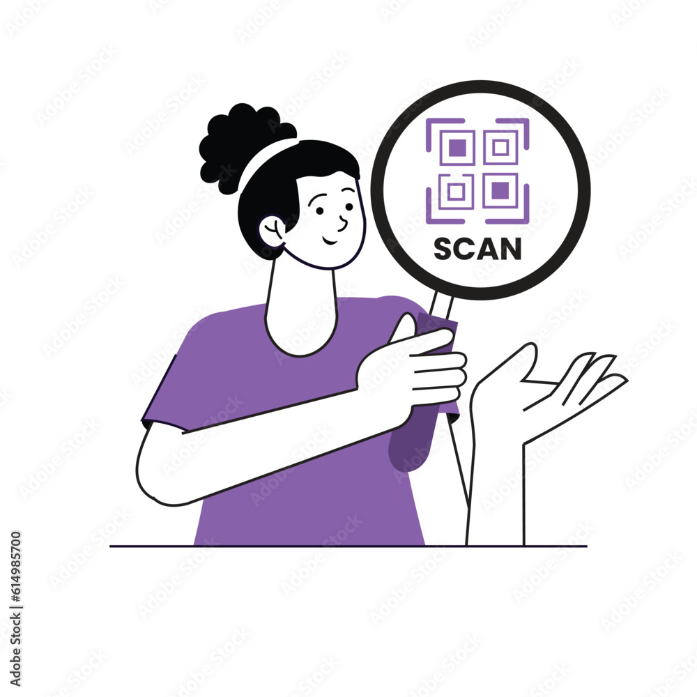 women vector character illustration with magnify glass and QR code scan
