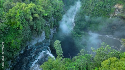 Aerial view of Coban Kapas Biru waterfall. East Java, Indonesia