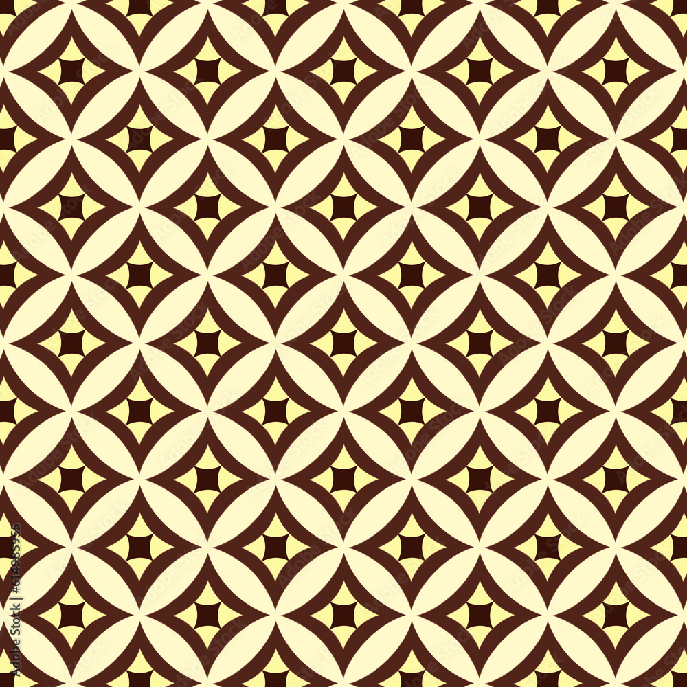 Seamless pattern Geometric star grid circle shape brown yellow, Modern diamond circles pattern. Vintage Retro wallpaper Use for fabric, textile, interior decoration elements, upholstery, packaging