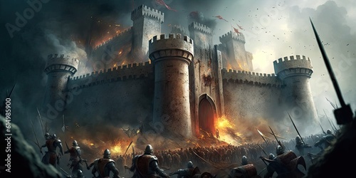 Storming of medieval castle fortress siege of city chaos. Generative AI AIG15. photo