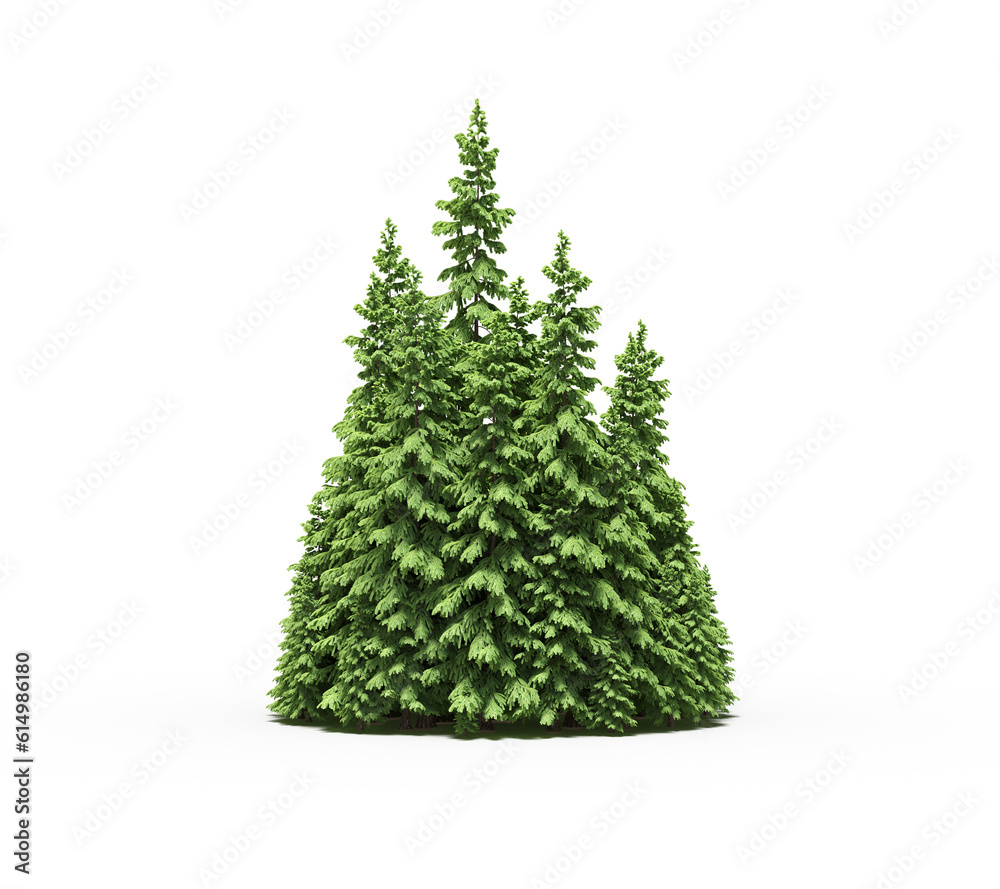 group of trees with a shadow on the ground, isolated on a white background, trees in the forest, 3D illustration, cg render group of trees with a shadow on the ground, isolated on a white background, trees in the forest, 3D illustration, cg render