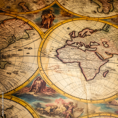 Captivating antique map evoking a studious, historical atmosphere with aged-paper background and detailed geography – evoke emotions & enthrall buyers. Generative AI