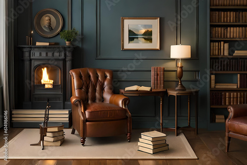 a cozy study room with a comfortable leather armchair, a classic wooden desk adorned with antique books