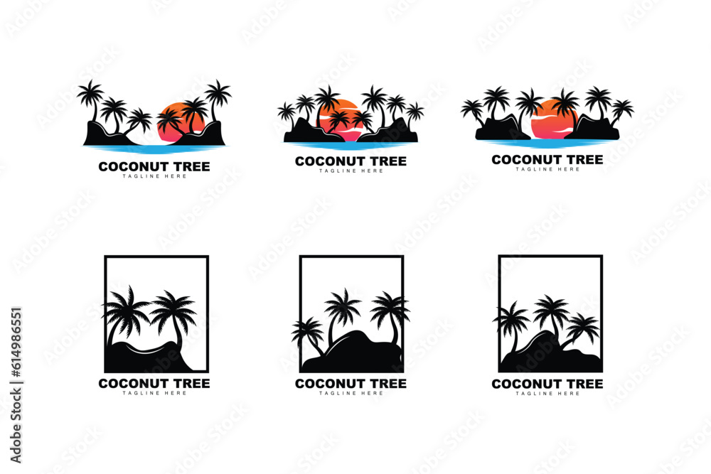 Fototapeta premium Coconut Tree Logo, Palm Tree Sunset Beach Vector, Elegant Minimalist Simple Design, Symbol Template Icon