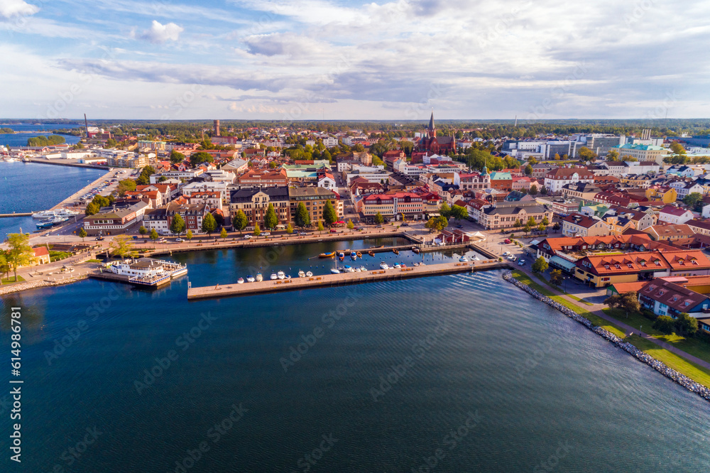 Aerial view of Vastervik city with the harbor and old city, Sweden