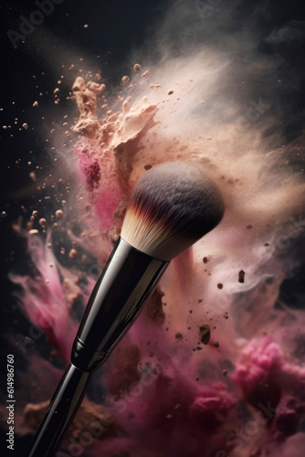 makeup brush on dark background with pink powder splash. generative AI