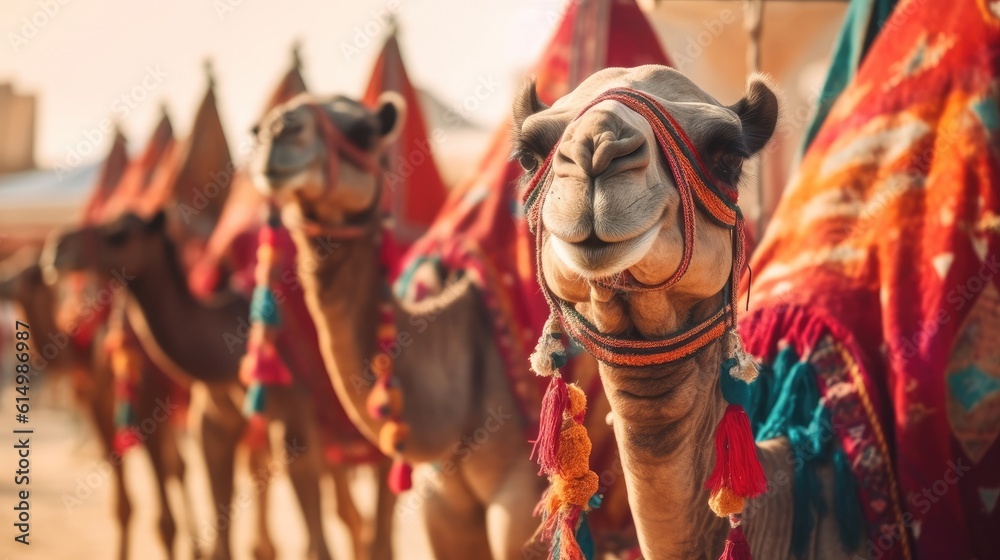 Camels with traditional dresses, Camels, Camelus dromedarius are desert animals for carry tourists on their backs