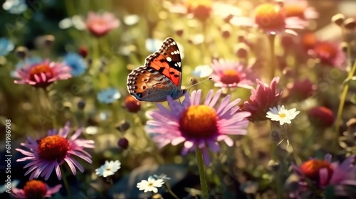 Butterfly in a meadow in nature in the rays of sunlight in summer, Wild flowers.