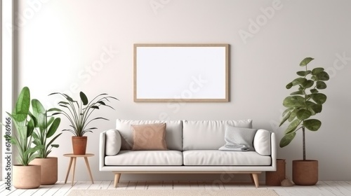 White wall with blank board, Interior poster mockup in living room,Scandinavian style.