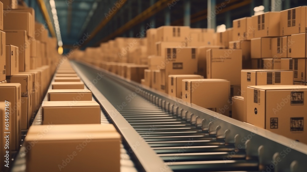 Fototapeta premium Cardboard Box at Logistics Factory's Conveyor Belt..