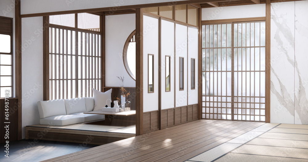 Japan style empty room decorated with white wall and wood slat wall Japan style empty room decorated with white wall and wood slat wall