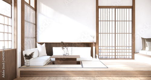 White Sofa japanese on room japan tropical desing and tatami mat floor.