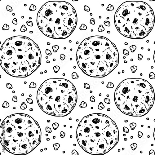 Cookies sketch seamless pattern. Bakery hand drawn vintage background. Vector illustration in sketch style. Pastry engraving design