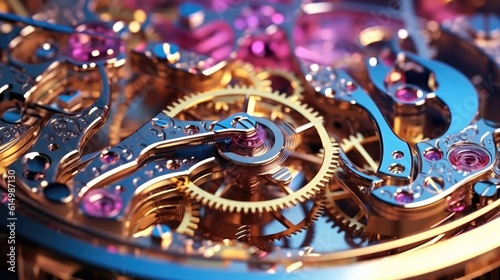 Clock mechanism with gears, Gears and cogs in clockwork watch mechanism, Craft and precision.