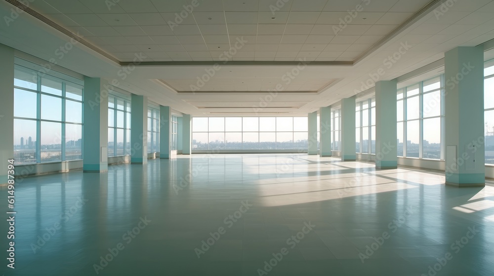Bright empty concrete room interior with windows, Sunlight and shadows.