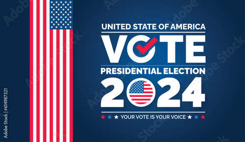 USA 2024 Presidential Elections Event Banner, background, card, poster design. Presidential Elections 2024 Banner with American colors design and typography. Vote day, November 5. US Election.