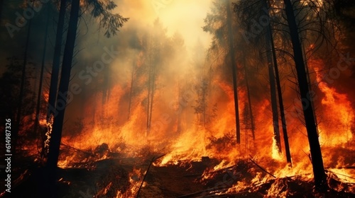 Burning flames in the woods  Controlled burn  Trees in smoke.