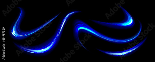 Blue light lines, effect of speed motion trails. Abstract streaks of fast flash movement, blurred neon glow at night, vector realistic set isolated on transparent background