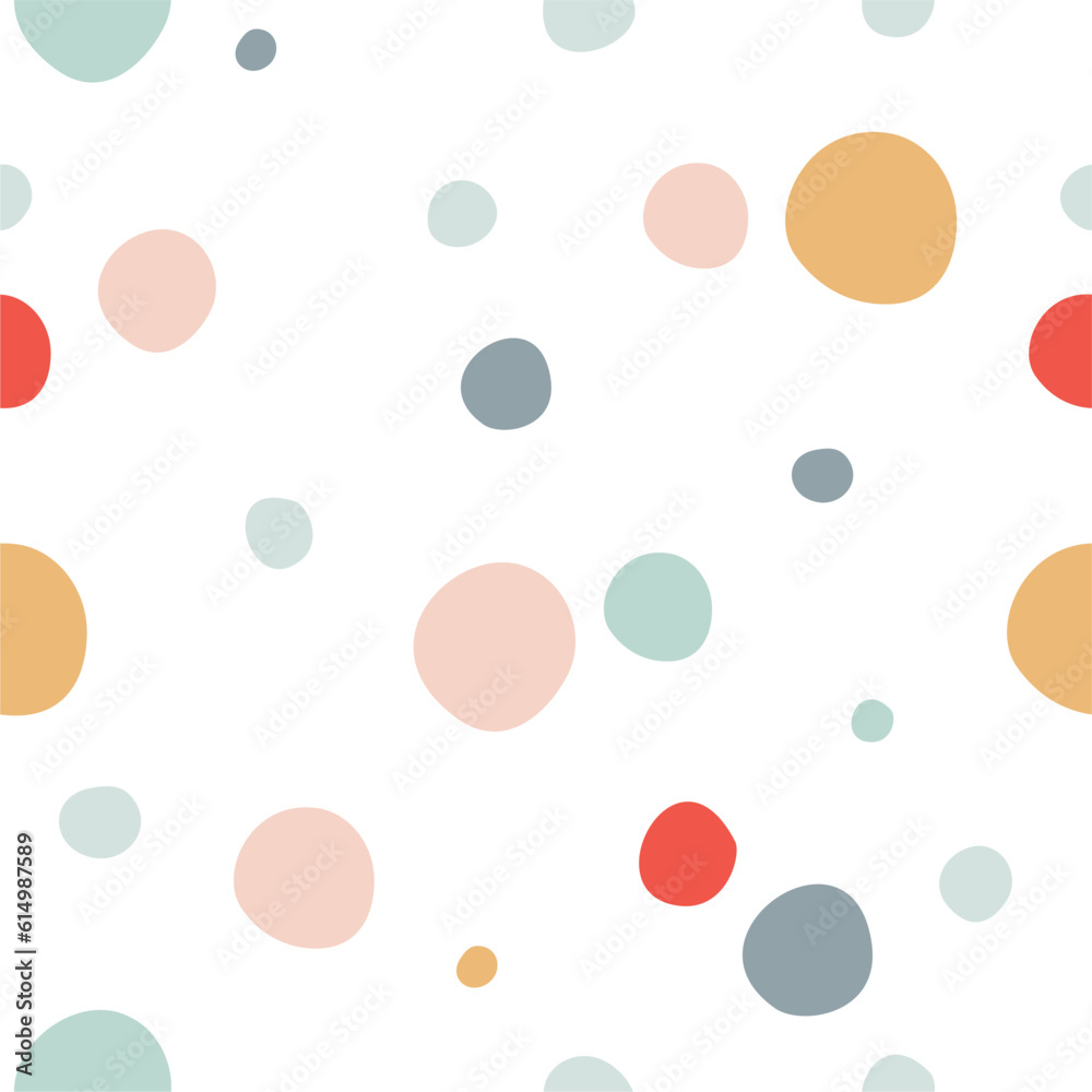 White background with multicolored circles. Seamless hand-drawn pattern.
