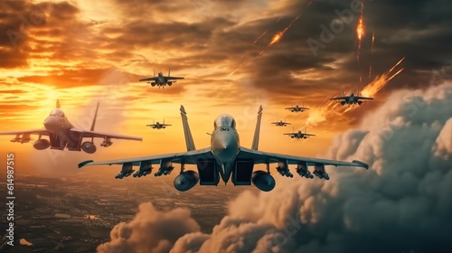 aerial high view of fighter jets flying in a military combat zone, Fighter jets flying in a military combat zone.