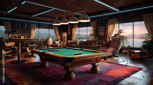 Snooker game room, Interior design with pool table and amazing light.